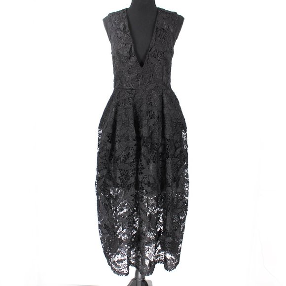 NICHOLAS Dresses & Skirts - NICHOLAS Black Metallic Elegant Lace Ball Dress V-Neckline Sheer Midi Hemline 4